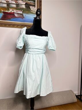 Puff-Sleeve Square Neck Mini Dress in Light Mint